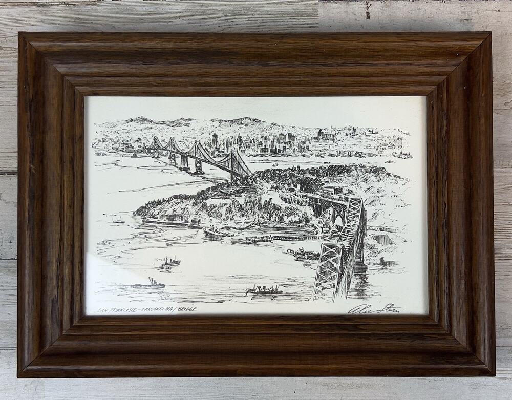 Vintage Alec Stern Framed Signed San Francisco Oakland Bay Bridge Print